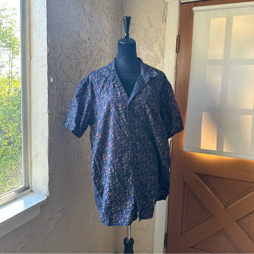 RVCA Men's Casual Button Down Shirt - Blue with Multicolor Pattern